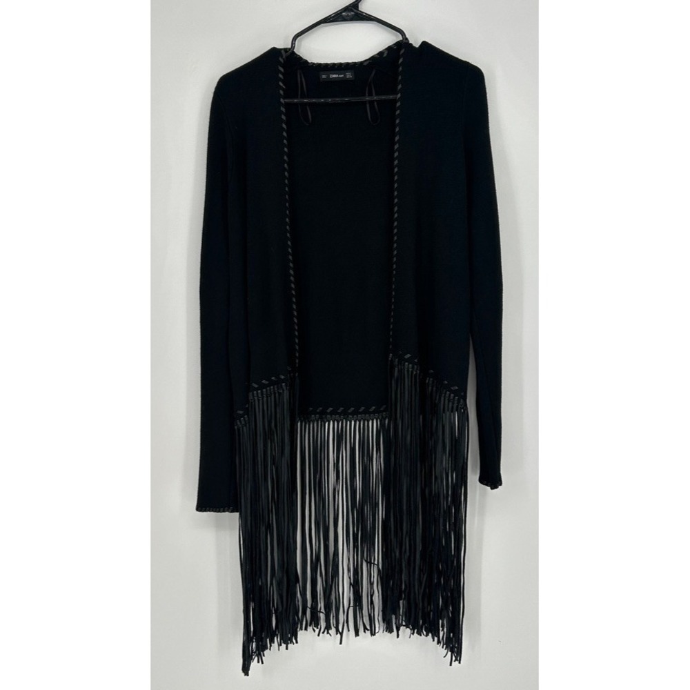 ZARA Knit Black Fringe Womens M Open Front Long Duster Boho Western Indie